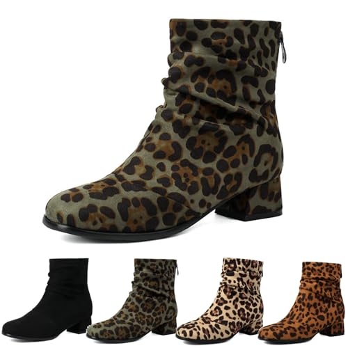 MEECHI Leopard Stiefeletten Damen Vintage Wildleder Ankle Boots Elegant Chelsea Kurz Stiefel Blockabsatz Booties Square Toe Knöchel Schuhe Für Outdoor, Party(Green,41 EU) von MEECHI