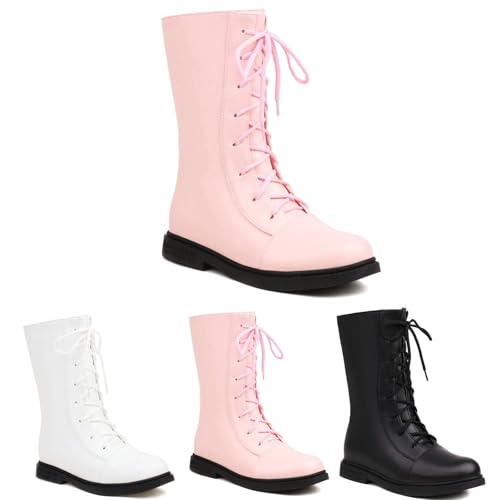 MEECHI Mädchen Schnürstiefel Süße Lolita Ankle Boots Winter Warm Schneestiefel Bequeme Flache Stiefeletten Elegant PU-Leder Knöchel Schuhe Für Party(Pink,38 EU) von MEECHI