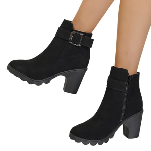 MEECHI Plateau Stiefeletten Damen Fashion Ankle Boots Mit Schnalle Wildleder Kurz Stiefel Mit Blockabsatz 2024 Neu Booties Elegant Knöchel Schuhe Für Outdoor, Party(38 EU) von MEECHI