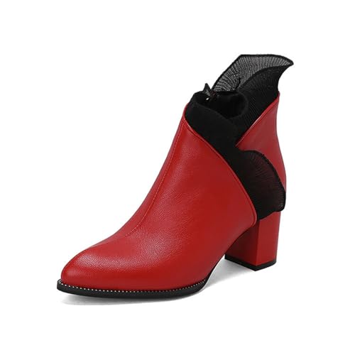 MEECHI Pointed Toe Stiefeletten Damen Spitzenspleißen Ankle Boots Elegant Kurzschaft Stiefel Mit Blockabsatz PU-Leder Chelsea Booties Frühling Freizeit Knöchel Schuhe Für Party(Red,38 EU) von MEECHI