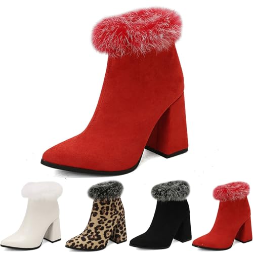 MEECHI Pointed Toe Stiefeletten Mit Blockabsatz Damen Chelsea Ankle Boots Herbst Winter Wildleder Kurz Stiefel Plüsch Gefüttert Booties Elegant Knöchel Schuhe Warm Schneestiefel(Red,40 EU) von MEECHI