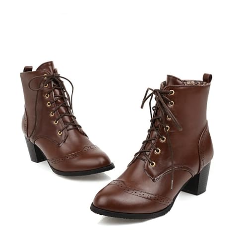 MEECHI Retro Stiefeletten Mit Blockabsatz Damen Warm Plüschfutter Schneestiefel PU-Leder Schneestiefel Kurz Schnürstiefel Für Party Herbst Winter Baumwolle Schuhe Für Outdoor(Brown,40 EU) von MEECHI