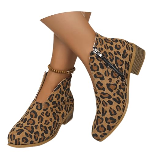 MEECHI Retro Wildleder Stiefeletten Damen Chelsea Kurz Stiefel Elegant Ankle Boots Mit Blockabsatz Herbst Winter Booties Mit Reißverschluss Freizeit Knöchel Schuhe(Leopard,40 EU) von MEECHI