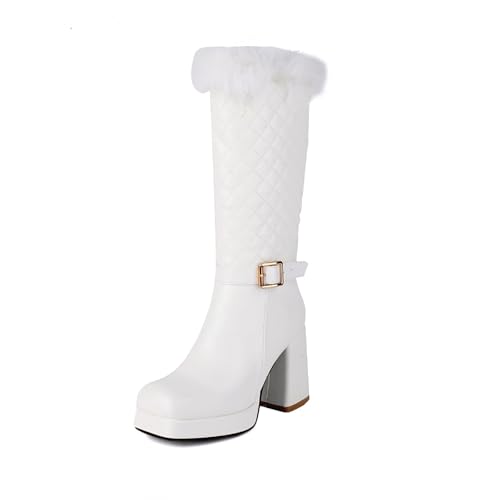 MEECHI Square Toe Stiefeletten Plateau Kurz Stiefel Mit Plüschkragen Damen PU-Leder Ankle Boots Fashion Knöchel Schuhe Mit Schnalle Warm Gefüttert Schneestiefel Party Knöchel Schuhe(White,42 EU) von MEECHI