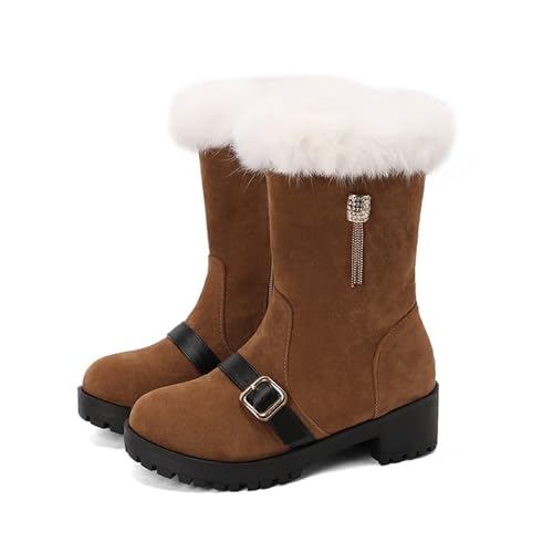 MEECHI Stiefeletten Damen Winter Wildleder Schneestiefel Elegant Booties Mit Strassquaste Warm Ankle Boots Mit Plüschkragen Kurze Stiefel Mit Metallschnalle,Party Knöchel Schuhe(Brown,37 EU) von MEECHI