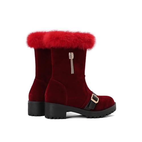 MEECHI Stiefeletten Damen Winter Wildleder Schneestiefel Elegant Booties Mit Strassquaste Warm Ankle Boots Mit Plüschkragen Kurze Stiefel Mit Metallschnalle,Party Knöchel Schuhe(Red,41 EU) von MEECHI