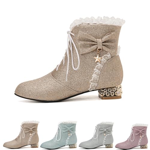 MEECHI Süße Stiefeletten Mit Schleifen Damen Schnürstiefel 2025 Elegant Ankle Boots Mit Blockabsatz Frühling Booties Pailletten Knöchel Schuhe Für Party(Gold,40 EU) von MEECHI