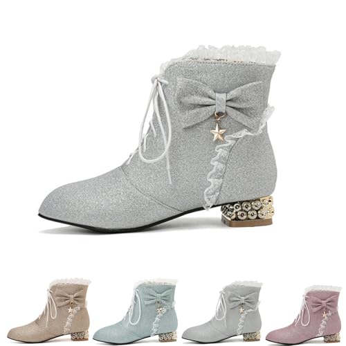 MEECHI Süße Stiefeletten Mit Schleifen Damen Schnürstiefel 2025 Elegant Ankle Boots Mit Blockabsatz Frühling Booties Pailletten Knöchel Schuhe Für Party(Silver,36 EU) von MEECHI