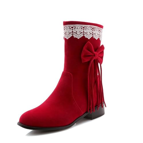 MEECHI Sweet Stiefeletten Mit Schleifen Damen Blockabsatz Ankle Boots Retro Wildleder Kurz Stiefel Herbst Winter Schneestiefel Freizeit Knöchel Schuhe Für Outdoor, Party(Red,40 EU) von MEECHI