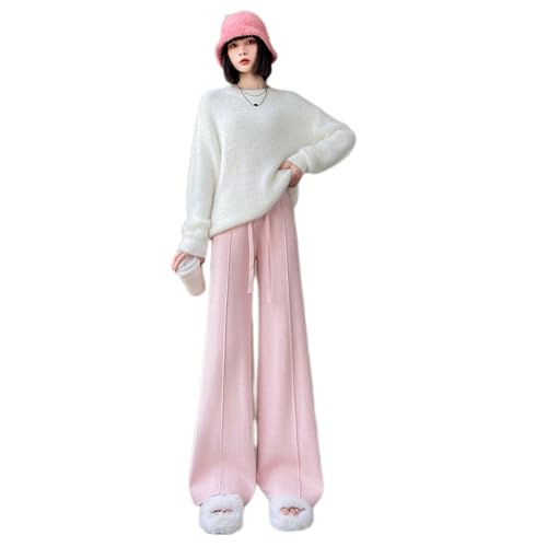 MEECHI Weich Strickhose Mit Weitem Bein Damen Herbst Winter Warm Kaschmirhose, Elastische Hohe Taille Gerade Hosen Mit Kordelzug,Freizeit Schlaghose Für Outdoor,Party(Pink,S) von MEECHI