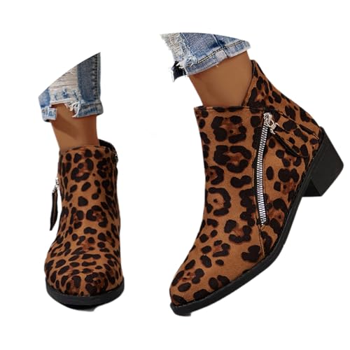 MEECHI Wildleder Stiefeletten Damen Combat Ankle Boots Herbst Winter Kurz Stiefel Mit Blockabsatz Biker Booties Mit Seitlichem Reißverschluss Freizeit Knöchel Schuhe Für Outdoor, Party(Leopard,38 EU) von MEECHI