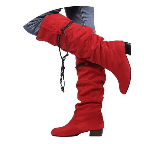 MEECHI Winter Langschaft Boots Damen Retro Fransen Stiefeletten Blockabsatz Western Cowboystiefel Wildleder Reitstiefel Round Toe Schlupfstiefel(Red,39 EU) von MEECHI