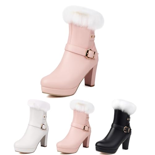 MEECHI Winter Schneestiefel Damen Blockabsatz Stiefeletten Warm Plüschrevers Ankle Boots Freizeit PU-Leder Kurz Stiefel Frauen rutschfest Gummistiefel Plateau Knöchel Schuhe(Pink,39 EU) von MEECHI