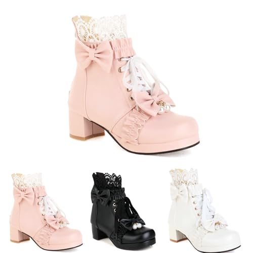 MEECHI Winter Schnürstiefel Damen Lolita Stiefeletten Süße Ankle Boots Mit Schleifen+Perle PU-Leder Booties Elegant Knöchel Schuhe Mit Blockabsatz Für Party(Pink,42 EU) von MEECHI