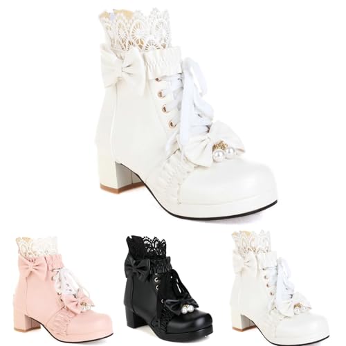 MEECHI Winter Schnürstiefel Damen Lolita Stiefeletten Süße Ankle Boots Mit Schleifen+Perle PU-Leder Booties Elegant Knöchel Schuhe Mit Blockabsatz Für Party(White,41 EU) von MEECHI