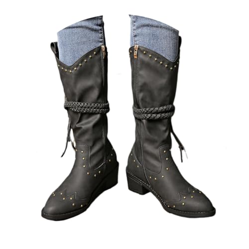 Retro Western Cowboy Stiefel Mit Fransen Damen Spitze Langschaft Boots Mit Blockabsatz PU-Leder Ritterstiefel Mit Seitlichem Reißverschluss Freizeit Winter Schuhe Für Outdoor , Party(Black,36 EU) von MEECHI