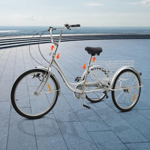 MEELRYD 24-Zoll-Dreirad für Erwachsene, 6-Gang klappbares Dreirad Einkaufs-Dreirad,Tricycle Fahrrad Cruise Bikes mit Korb (Silber) von MEELRYD