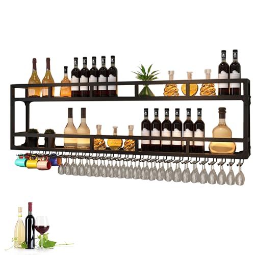 Flaschenregal Metall Bar Regale Weinregal Wandmontage Likörflasche Display Regal mit Weinglasregal und LED-Licht Küchenregale für Weinflaschen Schwimmbar Minibar für Zuhause, Bar, Restaurant, Café von MFDJCBS