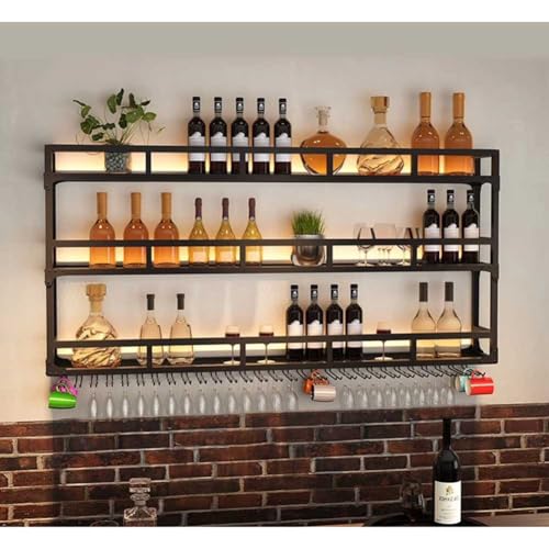 Modernes Wand-Weinregal mit LED-Licht, Metall-Weinflasche und Glasregal, Eisen-Ausstellungsständer, Weinhalter mit Regalen für Bar, Wohnzimmer, Restaurant (Farbe: Schwarz, Größe: 3 Lagen). Bathing in von MFDJCBS