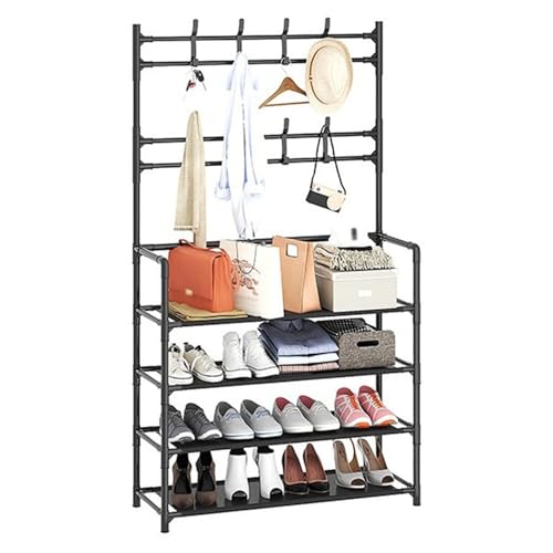 Schuhregal 5-stufiger Garderoben- und Schuhständer, Garderobe für den Eingangsbereich mit 8 Haken, multifunktionaler Schuhregal-Organizer aus Metall für Schlafzimmer, Flur, Büro, Schuh-Organizer von MFDJCBS