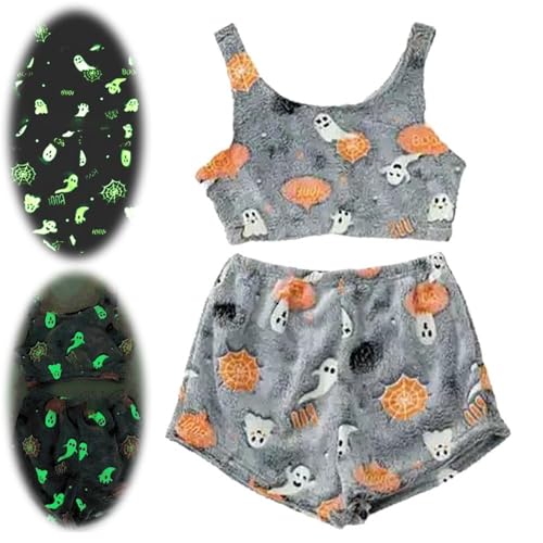 Gruseliges Pyjama-Set mit Weste, leuchtender Halloween-Aufdruck für Damen, im Dunkeln leuchtendes Halloween-Pyjama-Set mit Weste, Pyjama-Set aus Flanellweste (Black,S) von MFRVXQUL