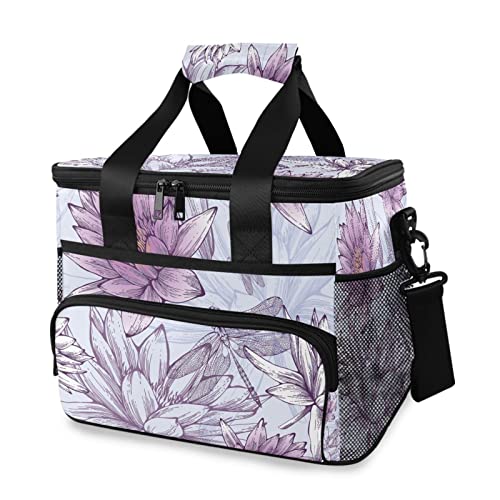 Kühltasche im Vintage-Stil, violett, mit Lotus-Libellen, isoliert, weiche Seiten, Kühler, 24 Dosen, tragbare Picknicktasche, groß, auslaufsicher, Lunch-Tasche, Box für Strand, Lebensmittel, Camping, von MFTJYO