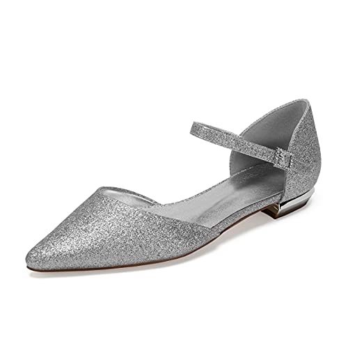 MGEM Damen Ballerinas Sommer Abendkleid Brautschuhe Knöchelriemen Spitze Flache Schuhe,Silber,42 EU von MGEM