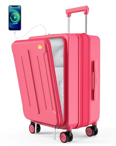 MGOB Koffer Handgepäck Trolleys Polycarbonat Reisekoffer Erweiterbar mit Vordertasche Hartschalen Leicht mit TSA USB und Externer Teleskopgriff,55x36x24cm(Rosa) von MGOB