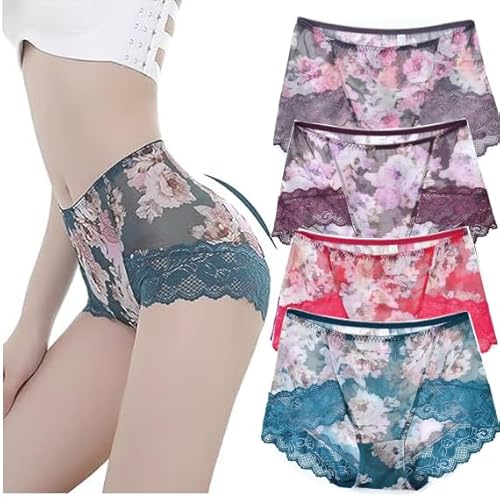 4PCS Women's Flower Pattern Satin Briefs, Women's Sexy Breathable Ice Silk Panties Rose Pattern Bikini Briefs Ladies Tummy Control Comfortable No Show Briefs (4PCS-A,2XL) von MGYANG