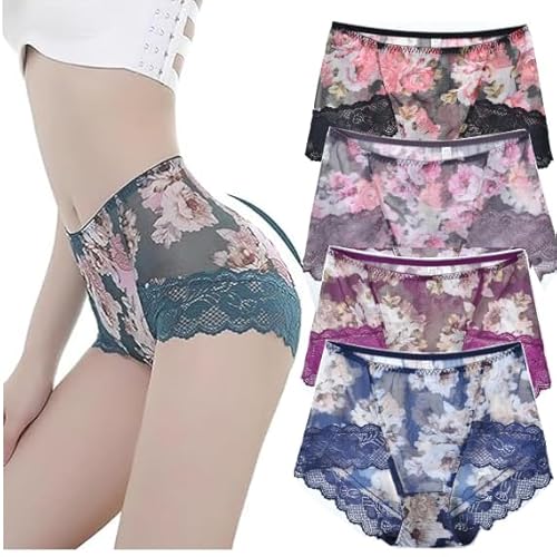 4PCS Women's Flower Pattern Satin Briefs, Women's Sexy Breathable Ice Silk Panties Rose Pattern Bikini Briefs Ladies Tummy Control Comfortable No Show Briefs (4PCS-B,3XL) von MGYANG