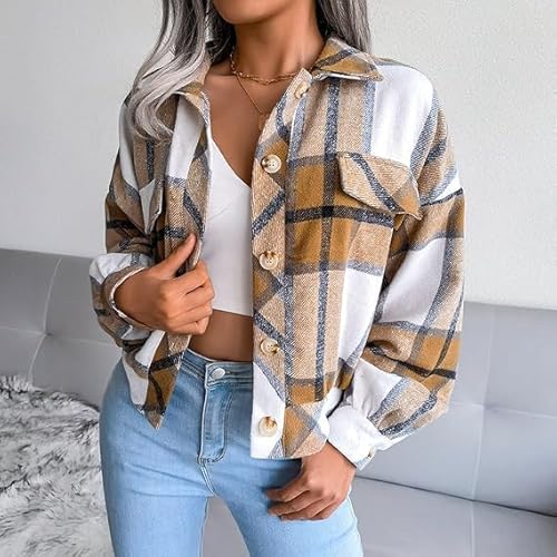 Aluxorae Cropped Flanell Jacke Aluxorae Plaid Crop Jacke Frauen Mode Button Down Shirt Herbst Mantel Tops Button Down (1PCS-C,XL) von MGYANG