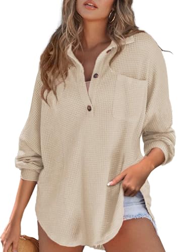 Hoodies for Women Raglan Long Sleeve Waffle Knit Tops V Neck Button Comfy Fall Loose Fit Long Sleeve Pullover Sweater (1PCS-C,[2XL]) von MGYANG