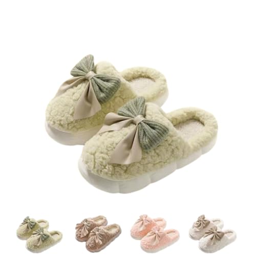 LIBIQI Women's Bow Decor Round Toe Fuzzy Slippers Fuzzy Slippers Plush Home Slippers Indoor Bedroom Warm Slippers House Slippers for Woman (Green-A,36-37 EU) von MGYANG