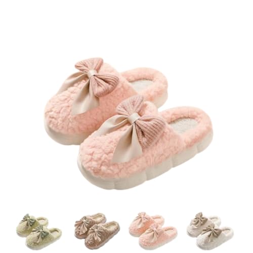 LIBIQI Women's Bow Decor Round Toe Fuzzy Slippers Fuzzy Slippers Plush Home Slippers Indoor Bedroom Warm Slippers House Slippers for Woman (Pink-A,36-37 EU) von MGYANG