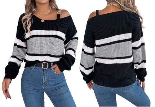 Melliflos Womens Off The Shoulder Sweater Womens Fashion Off The Shoulder Sweater Top Crewneck Bell Sleeve Top Knitted Sweater ([M],1PCS-B) von MGYANG