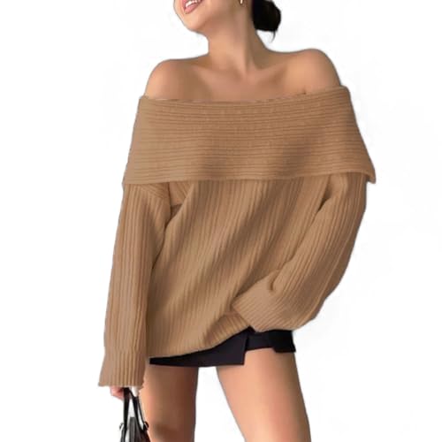 Melliflos Womens Off The Shoulder Sweater ibbed Knit Fold Over SweaterTop Casual Long Sleeve Pullover Knit Top (1PCS-D,M) von MGYANG