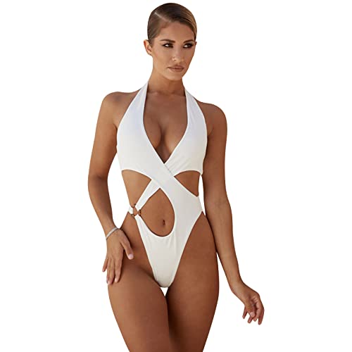 MHADBKH Damen-Badeanzug mit überkreuzter Vorderseite, einteiliger Badeanzug, hohl, Bikinis, Bademode, ausgeschnittener Badeanzug für Strandkleidung von MHADBKH