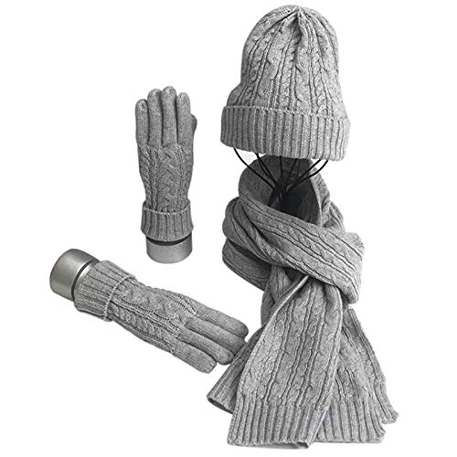 MHGLOVES Winterset 3-Teilig Aus Strickschal, Strickmütze Und Handschuhen, Schal, Winter-Schal, Damen Schal Mit Passender Mütze, Bommelmütze, 3-In-1 Winter-Set,Grau von MHGLOVES