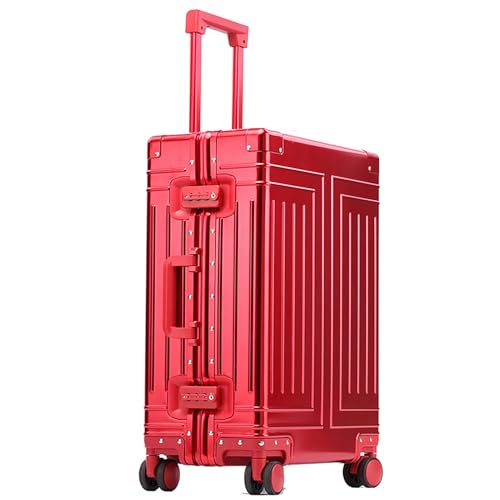 MIAOSHUANG Handgepäck aus Aluminium-Magnesium-Legierung, Hartschalenkoffer, Aluminiumkoffer für die Reise, kein Reißverschluss, aufgegebenes Gepäck mit leisen 360°-Spinner-Rädern,Rot,24inch von MIAOSHUANG