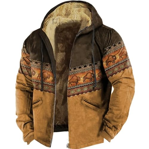 Herren-Kapuzenpullover Mit Reißverschluss – Tribal-Grafik-Bison-Muster-Druck, Winterkleidung, Langärmeliges Sweatshirt, Winddicht, Warm, Übergröße, Kapuzenjacke, Oberbekleidung, Wie Abgebildet, L von MIATCENRT