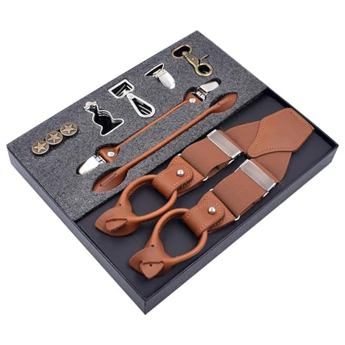 MIBSH Hosenträger Suspender Herren Vintage Leder Hosenträger Clip Button Hosenträger Verstellbare Elastische Hosenträger Träger Kamel MIBSH Hosenträger Suspender Herren Vintage Leder Hosenträger Clip Button Hosenträger Verstellbare Elastische Hosenträger Träger Kamel von MIBSH