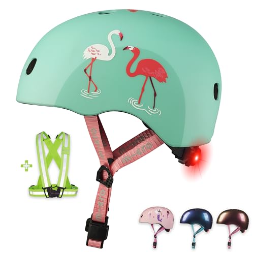 micro™ Kinderhelm | zertifizierte Sicherheit | mit LICHT | Fahrradhelm, Skate Helm für Kinder | Größen Verstellbarer Drehring & Magnetverschluss | stabil, sicher, leicht | + Weste (Flamingo, S) von MICRO