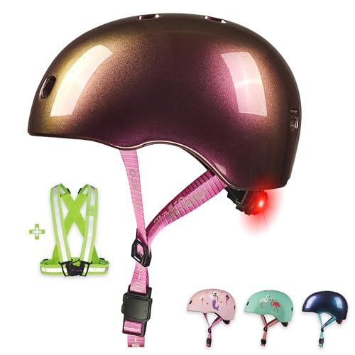 micro™ Kinderhelm | zertifizierte Sicherheit | mit LICHT | Fahrradhelm, Skate Helm für Kinder | Größen Verstellbarer Drehring & Magnetverschluss | stabil, sicher, leicht | + Weste (Neochrome pink, M) von MICRO