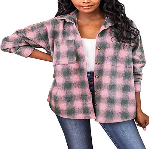 Bluse Damen Elegant，Damen Classic Fit Langarm Flanellhemd Rosa Und Grün Lässiges Kariertes Hemd Herbst Winter Loser Warmer Mantel Zartes Knopf Revers Top Damen Langarmhemd,XL von MIDJ