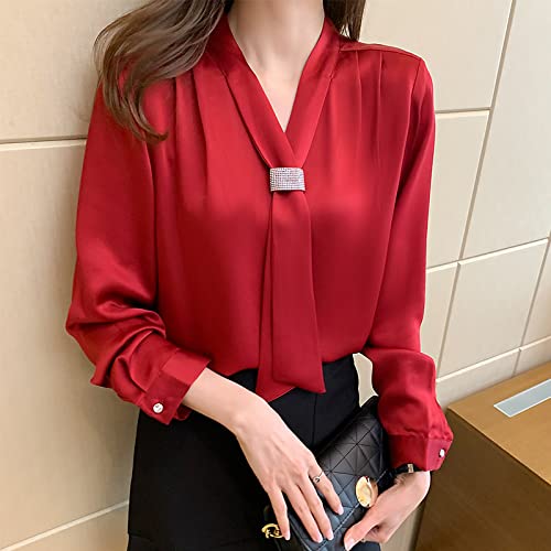 Bluse Elegant Damen Hemd, Elegante Satin-Bluse für Damen, Chiffon, Roter V-Ausschnitt, Band, Business-Bluse Mit Strass-Brosche, Langen Ärmeln, Knopf, Sexy Tops, Hemd, Pullover für Mädchen, Damen,L Bluse Elegant Damen Hemd, Elegante Satin-Bluse für Damen, Chiffon, Roter V-Ausschnitt, Band, Business-Bluse Mit Strass-Brosche, Langen Ärmeln, Knopf, Sexy Tops, Hemd, Pullover für Mädchen, Damen,L von MIDJ