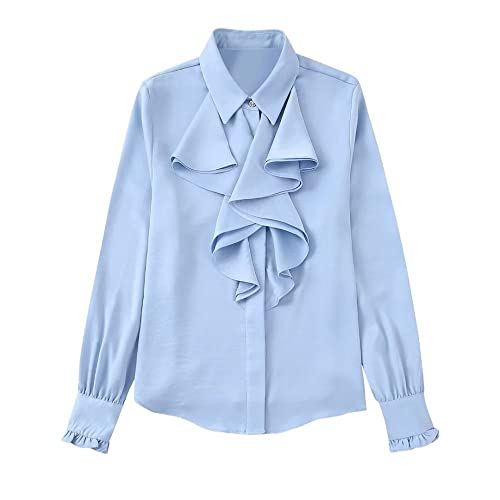 Elegantes Lässiges Langarm-Top,Damen Satin Bluse Hemd Blau Falte Rüschen Langarm Vintage Mode Seidenhemden Business Hemd Mit Knopf Sexy Party Tops Lässige Arbeit Bürobluse Für Mädchen Damen,S Elegantes Lässiges Langarm-Top,Damen Satin Bluse Hemd Blau Falte Rüschen Langarm Vintage Mode Seidenhemden Business Hemd Mit Knopf Sexy Party Tops Lässige Arbeit Bürobluse Für Mädchen Damen,S von MIDJ