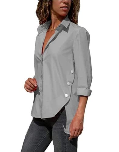 Lockeres Damenhemd,Damen Satin Bluse Shirt Unregelmäßig Geschlitzt Grau Langarm Vintage Mode Seidenhemden Business Hemd Mit Knopf Sexy Party Tops Lässige Arbeit Bürobluse Für Mädchen Damen,L von MIDJ