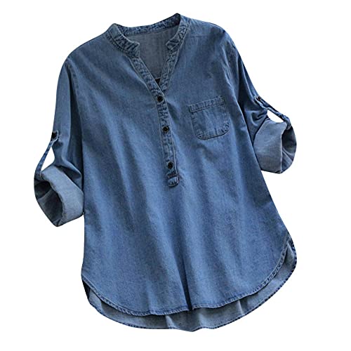Lockeres Damenhemd,Mittellange Denim-Blusen Für Damen Hemd Roll-Up-Ärmel Lässiger Pullover Halb Geknöpfte Hemdjacke Hellblau V-Ausschnitt Kragenlose Tunika Mit Taschen Leichtes Jeans-Sweatshirt Für Lockeres Damenhemd,Mittellange Denim-Blusen Für Damen Hemd Roll-Up-Ärmel Lässiger Pullover Halb Geknöpfte Hemdjacke Hellblau V-Ausschnitt Kragenlose Tunika Mit Taschen Leichtes Jeans-Sweatshirt Für von MIDJ