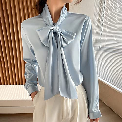 MIDJ Damen Bluse Elegant, Elegante Seidenbluse für Damen, O-Ausschnitt, Süße Fliege, Weiße Chiffon-Business-Bluse, Lässig, Lang, Laternenärmel, Sexy Pullover, Hemd für Mädchen, Damen, Blau, XL MIDJ Damen Bluse Elegant, Elegante Seidenbluse für Damen, O-Ausschnitt, Süße Fliege, Weiße Chiffon-Business-Bluse, Lässig, Lang, Laternenärmel, Sexy Pullover, Hemd für Mädchen, Damen, Blau, XL von MIDJ