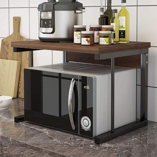 MIDUOLAI 2-Stufiges Mikrowellenregal Aus Holz, Mit Metallrahmen, Mikrowellenherd Regal FüR Die KüChe, BäCkerregal FüR Die KüChe, Robustes Mikrowellen-Toaster-Regal,Schwarz von MIDUOLAI